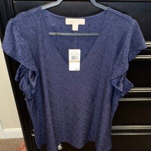 Navy Lace Ruffle Sleeve Top